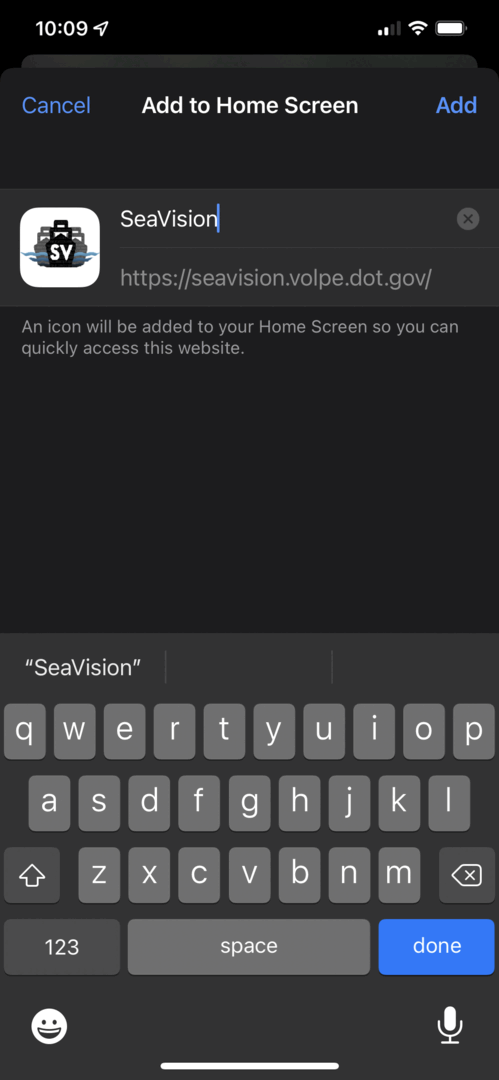 A screenshot of an iOS device with a dialog open for the user to add SeaVision to the Home Screen