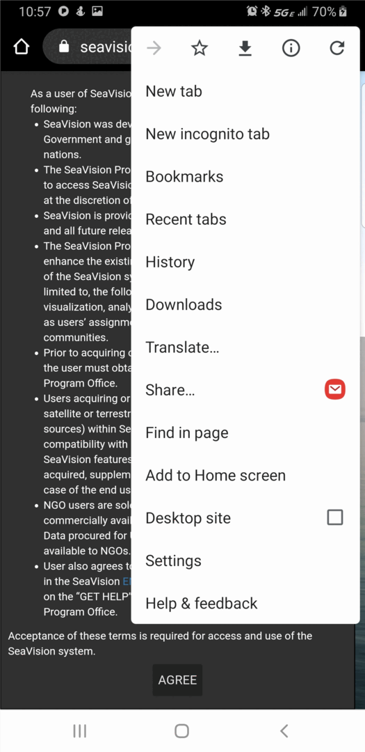 Tangkapan layar perangkat Android dengan browser dibuka dengan menu yang menunjukkan opsi Add to Home screen